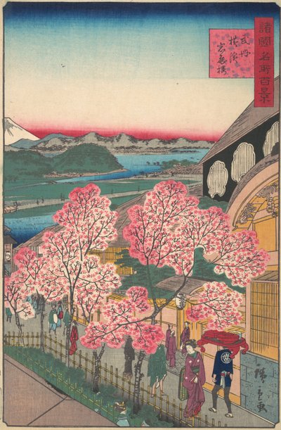 Eingang zum Gankiro-Teehaus im Miyozaki-Distrikt, Yokohama, Bushu von Utagawa Hiroshige II