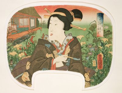 Herbst, Hanayashiki: Eine Geisha mit einer Pfeife, Design für einen Fächer aus einem Satz von vier Jahreszeiten, 1858-60 von Utagawa Kunisada