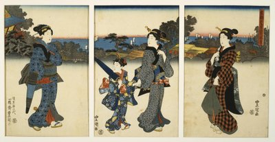 Kurtisanen bei einem Spaziergang am Meer von Utagawa Kunisada