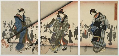 Nachtszene mit Mädchen, Tieren und Laternen von Utagawa Kunisada