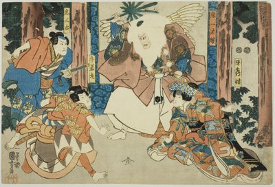 Schauspieler als Ushiwakamaru, Kisanta, Kiichi Hogen und Minazuru-hime von Utagawa Kuniyoshi