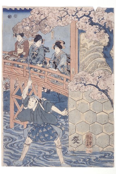 Bandō Hikosaburō IV als Ashikaga Yoshimasa und Ichikawa Kodanji IV als Asakura Tōgo aus dem Kabuki-Stück Higashiyama Sakura Sōshi von Utagawa Kuniyoshi