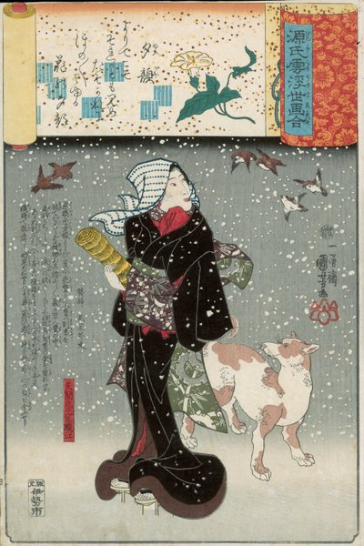 Bijin mit einem Hund im Schnee, aus der Genji mitate Serie von Utagawa Kuniyoshi