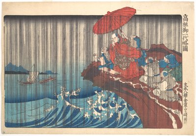 Kurze illustrierte Biografie des Mönchs Nichiren: Das Gebet um Regen wird in Ryōzengasaki in Kamakura erhört von Utagawa Kuniyoshi