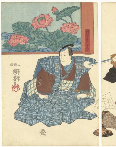 Drei Schauspieler bei einem Paravent von Utagawa Kuniyoshi