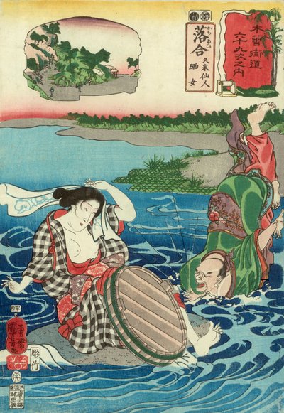 Kume Sennin fällt in einen Fluss beim Anblick einer barbusigen Frau, die auf einem Felsen hockt, Station 45, veröffentlicht von Hayashi Shoehi von Utagawa Kuniyoshi