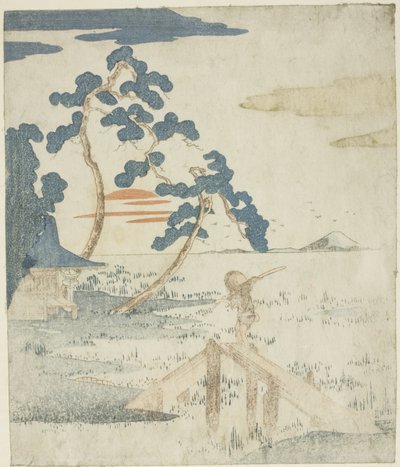 Mann überquert eine Brücke bei Sonnenaufgang, aus einer unbetitelten Ausgabe (ohne Poesie) der Illustrationen für die Serie "Fünf Drucke des Berges Fuji (Fuji goban no uchi)" von Utagawa Kuniyoshi