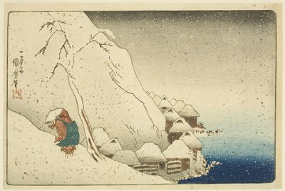 Nichiren im Schnee bei Tsukahara auf der Insel Sado (Farbholzschnitt) von Utagawa Kuniyoshi