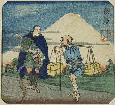 Numazu, Abschnitt eines Blattes aus der Serie "Ein Harimaze-Spiegel der Joruri-Spiele (Harimaze joruri kagami)" von Utagawa Kuniyoshi
