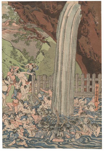 Pilger am Roben-Wasserfall in Oyama, signiert Ichiyusai Kuniyoshi, veröffentlicht von Azumaya Daisuke, kiwame-Siegel, Oban tate-e Triptychon von Utagawa Kuniyoshi