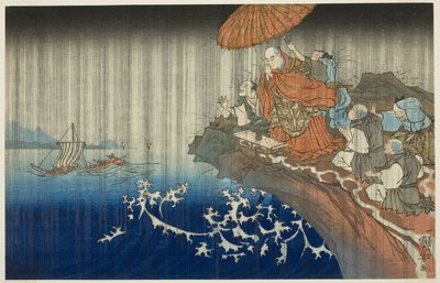 Gebet um Regen in Ryozengasaki in Kamakura, 1271, aus der Serie "Kompakte illustrierte Biografie des großen Priesters [Nichiren]" von Utagawa Kuniyoshi