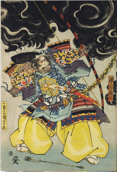 Blatt aus einem Farbholzschnitt-Triptychon, das Minamoto no Yorimasa zeigt, unterstützt von Ii Hayata und Watanabe Choshichi, wie er die nue vom Dach des Palastes von Kaiser Konoe abschießt: Japan, Edo, von Utagawa Kuniyoshi, ca. 1820 - 1825 von Utagawa Kuniyoshi