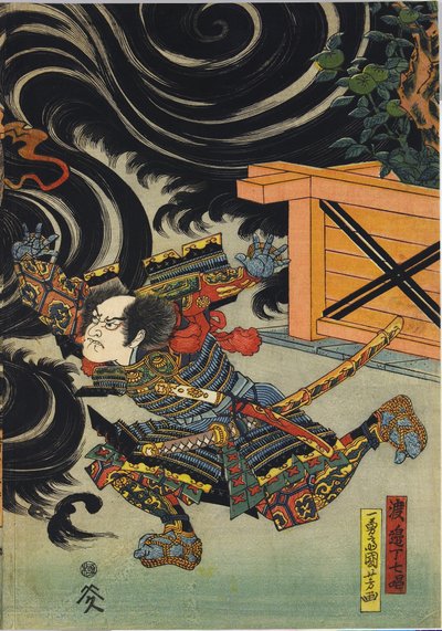 Blatt aus einem Farbholzschnitt-Triptychon, das Minamoto no Yorimasa darstellt, unterstützt von Ii Hayata und Watanabe Choshichi, wie er den Nue vom Dach des Palastes des Kaisers Konoe abschießt: Japan, Edo, von Utagawa Kuniyoshi, ca. 1820 - 1825 von Utagawa Kuniyoshi