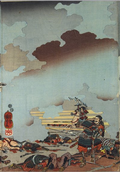 Blatt aus einem Farbholzschnitt-Triptychon, betitelt Eiroku yonnen kugatsu yokka Kawanakajima kassen ni Yamamoto Kansuke nyūdō no uchijini no zu (Tod von Yamamoto Kansuke in der Schlacht von Kawanakajima am 4. Tag des 9. Monats von Eiroku 4 [1561]) von Utagawa Kuniyoshi