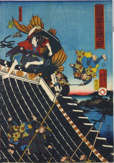 Blatt aus einem Farbholzschnitt-Triptychon, betitelt Hōryūkaku shō no zu, das eine Szene aus dem Hakkenden von Takiwzawa Bakin zeigt, die einen Kampf auf dem Tempeldach zwischen Inuzuka Shino darstellt von Utagawa Kuniyoshi