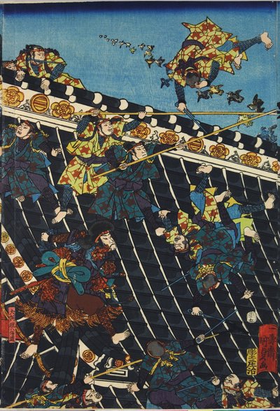 Blatt aus einem Farbholzschnitt-Triptychon, betitelt Hōryukaku shō no zu, Darstellung einer Szene aus dem Hakkenden von Takizawa Bakin, die einen Kampf auf dem Tempeldach zwischen Inuzuka Shino (rechts) und der Polizei unter Inukai Kempachi zeigt, adaptier von Utagawa Kuniyoshi