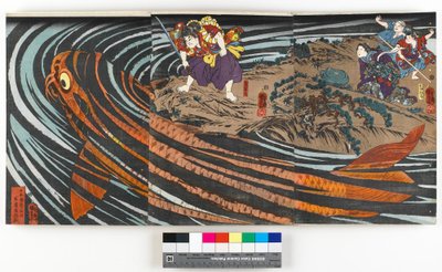 Triptychon, das Oniwaka-maru (den zukünftigen Musashibo Benkei) zeigt, wie er den riesigen Karpfen angreift, der seine Mutter verschlungen hat, ca. 1845 von Utagawa Kuniyoshi