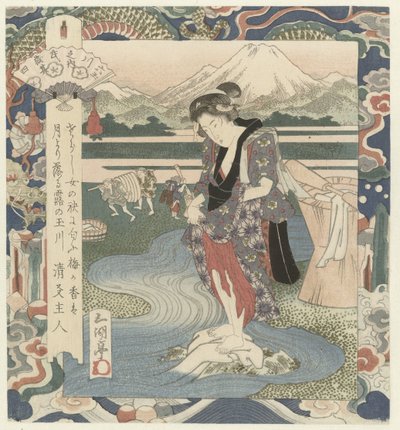 Frau wäscht Kleidung im Fluss (Die Chōbū Fluss in Musashi, Nummer vier) von Utagawa Sadakage