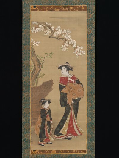 Kurtisane und ihre Begleiterin unter einem Kirschbaum von Utagawa Toyoharu