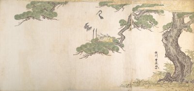 Kraniche und ihre Jungen im Nest in den Zweigen einer Kiefer, ca. 1790 von Utagawa Toyoharu