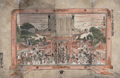 Menschen betreten einen großen Tempel. Draußen sind Handelsstände. Druck eines Gemäldes in einem Rahmen mit Füßen, ca. 1770. Utagawa Toyoharu (1735-1814) Japanischer Ukiyo-e-Künstler. Menge Religion Anbetung von Utagawa Toyoharu