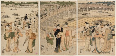 Ryōgoku-Brücke mit Figuren im Vordergrund von Utagawa Toyohiro