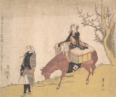 Version der Legende von Michizane: Frau reitet auf einem Pferd, das ein Mann führt von Utagawa Toyohiro