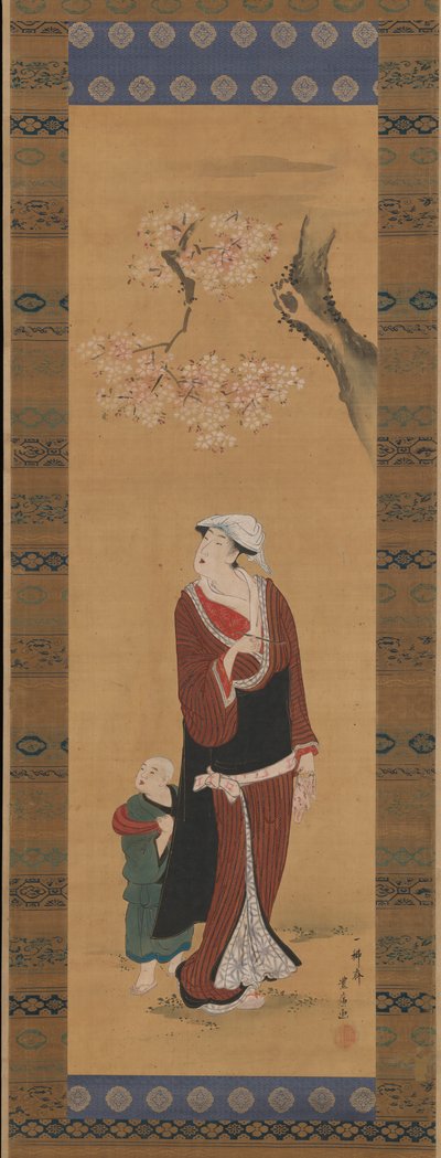 Frau und Kind unter einem Kirschbaum, spätes 18. - frühes 19. Jahrhundert von Utagawa Toyohiro