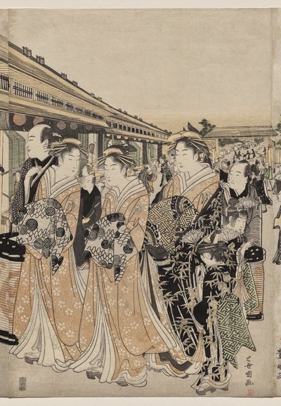 Kurtisanen promenieren auf der Nakanochō von Utagawa Toyokuni