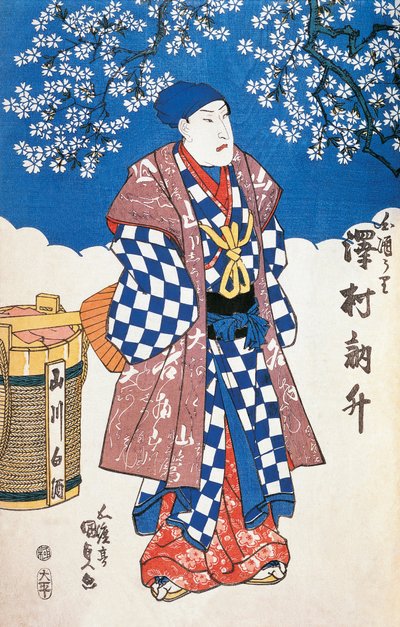 Japanischer Schauspieler im Kimono und Hintergrund mit Apfelblüten dekoriert von Utagawa Toyokuni