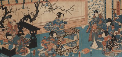 Vorbereitung auf die Frühlingsdichtung (Holzschnitt auf Platte montiert) von Utagawa Toyokuni
