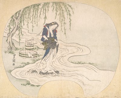 Eine Frau steht auf einem Felsen in einem Bach und wäscht Kleidung, ca. 1828 von Utagawa Toyokuni II