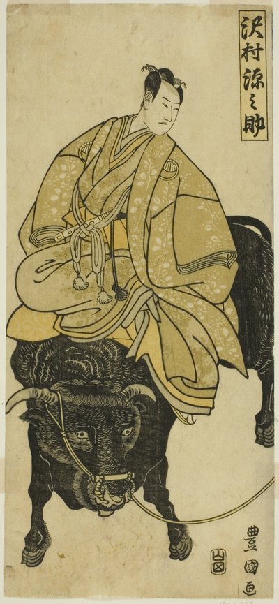 Schauspieler Sawamura Gennosuke reitet auf einem Ochsen als Sugawara no Michizane von Utagawa Toyokuni I
