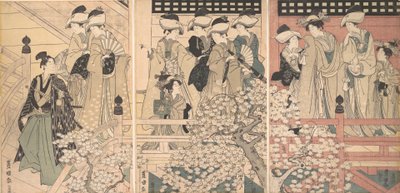 Schönheiten auf einer Veranda unter Kirschblüten, von denen ein Samurai abreist, ca. 1800 von Utagawa Toyokuni I