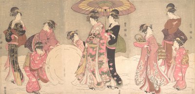 Kurtisanen und Begleiter machen einen riesigen Schneeball von Utagawa Toyokuni I