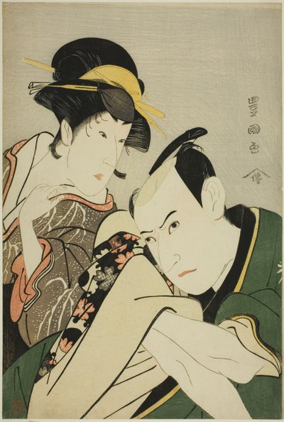 Ichikawa Yaozo III in der Rolle von Takebe Genzo und Iwai Kiyotaro in der Rolle von Tonami von Utagawa Toyokuni I
