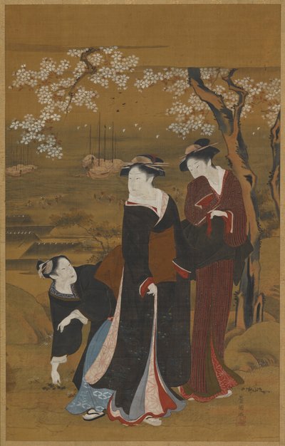 Drei Frauen unter einem blühenden Kirschbaum am Meer, 1769-1825 von Utagawa Toyokuni I