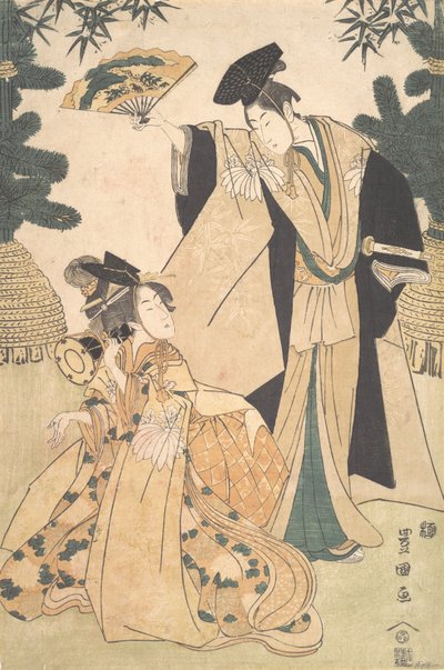 Junge Dame mit Trommel und Mann mit Fächer, der sie grüßt von Utagawa Toyokuni I
