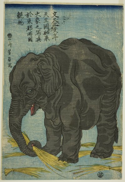 Bild eines großen Elefanten aus Indien (Tenjiku hakurai dai zo no shashin), eine Attraktion in Ryogoku in der östlichen Hauptstadt (Toto Ryogoku mimono) von Utagawa Yoshikazu
