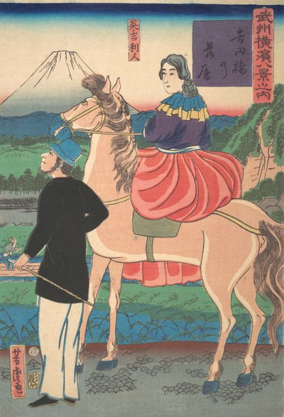 Absteigende Gänse an der Yoshida-Brücke [Englisches Paar] von Utagawa Yoshitora