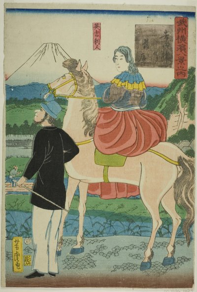 Engländer beobachten herabsteigende Gänse an der Yoshida-Brücke, aus der Serie "Acht Ansichten von Yokohama in der Provinz Musashino" von Utagawa Yoshitora