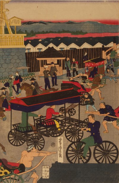 Blühender Nihonbashi-Abschnitt von Tokio. Tokyo Nihonbashi han ei no zu Triptychon von Utagawa Yoshitora