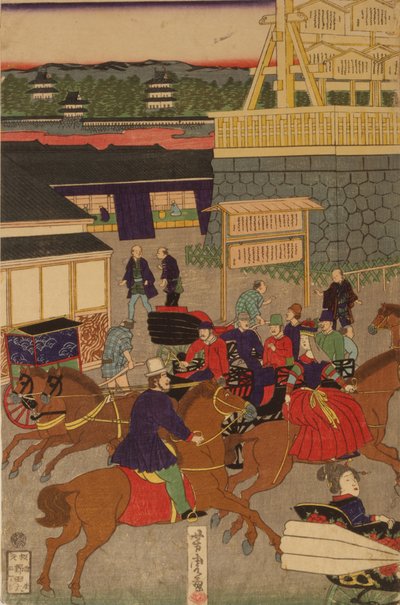 Blühender Nihonbashi-Abschnitt von Tokio. Tokyo Nihonbashi han ei no zu Triptychon von Utagawa Yoshitora