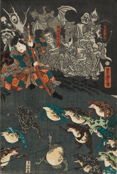Nikushi der Froschgeist beschwört einen magischen Kampf der Frösche in Tateyama in der Provinz Etchu, 1864 von Utagawa Yoshitora