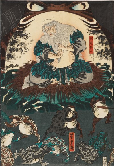 Nikushi, der Froschgeist, beschwört eine magische Schlacht der Frösche in Tateyama in der Provinz Etchū herauf von Utagawa Yoshitora