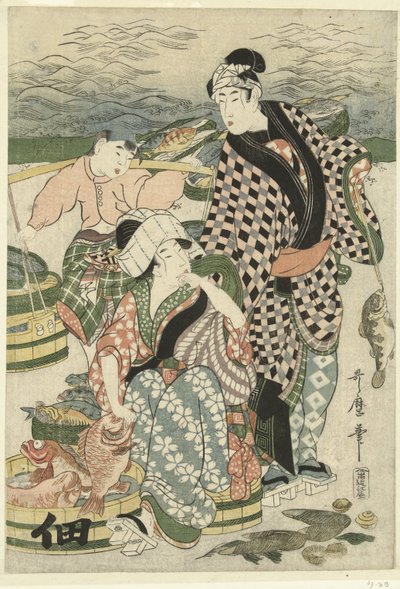 Ansicht des Fischmarktes am Strand von Shiba von Utamaro (II) , Kitagawa