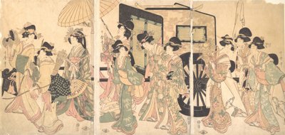 Damen umgeben einen Wagen von Utamaro II