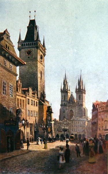 Ansicht von Staromestsky Rynk mit dem Rathaus und der Kirche Unserer Lieben Frau vor Tyn, aus 