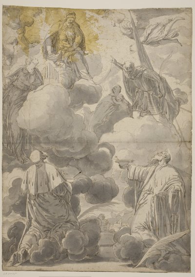 Die Jungfrau und das Kind in den Wolken, umgeben von Engeln und den Heiligen Cosmas und Damian, Cecilia, Secondo und Marina von Valentin Lefèvre