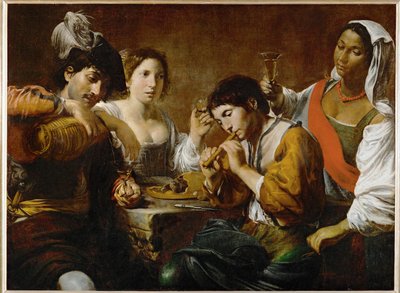 Reunion dans un cabaret - Gesellschaft in einer Taverne von Valentin de Boulogne